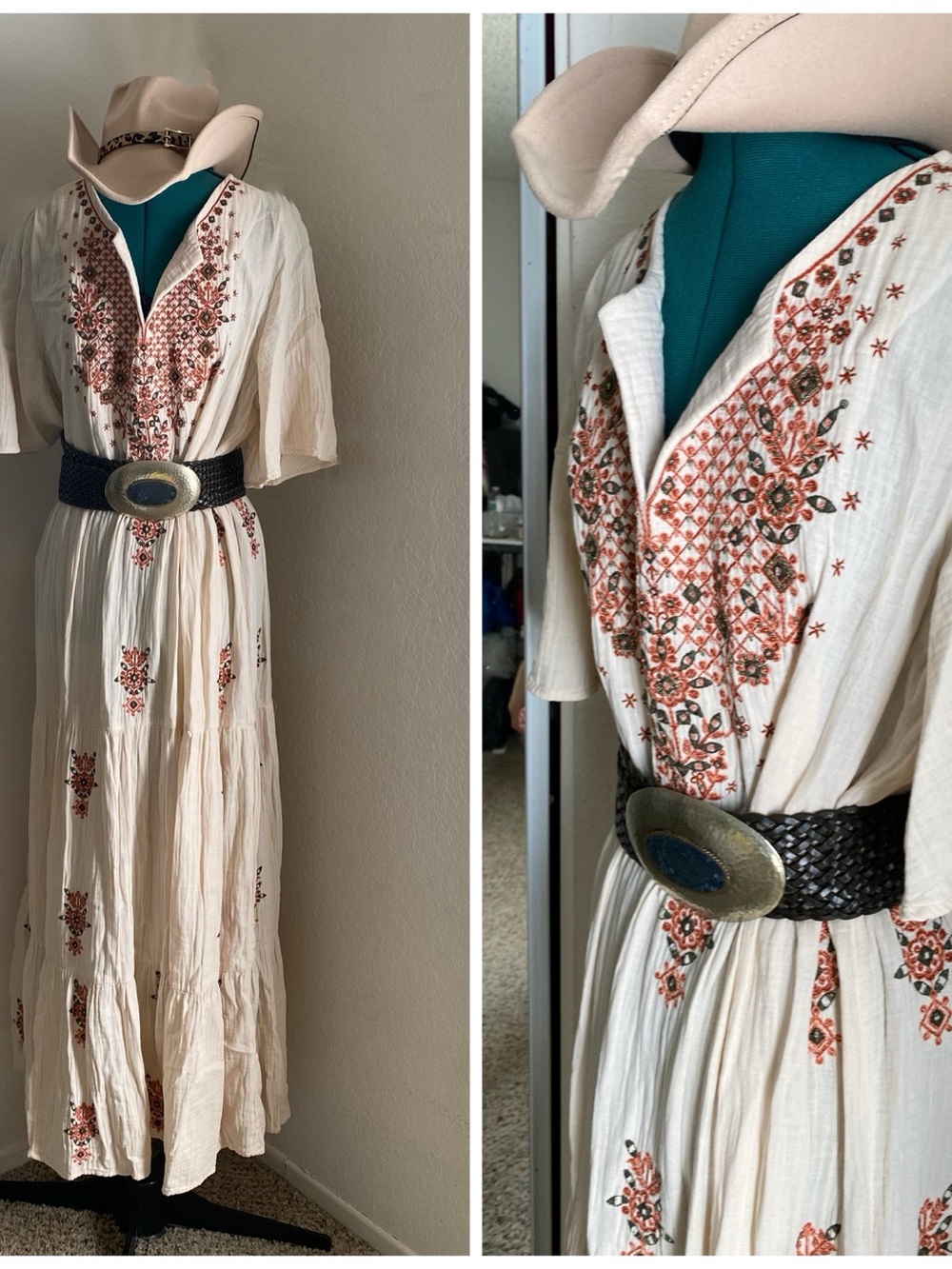 Soft Surroundings Cream Maxi Dress with Red Embroidery L